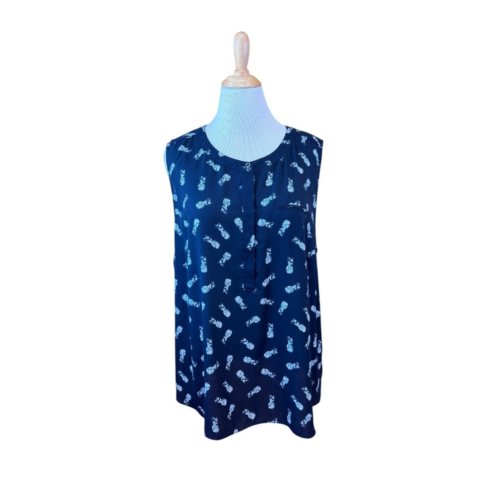 NYDJ Womens Navy Blue Pineapple Print Sleeveless Blouse Top 2X Plus